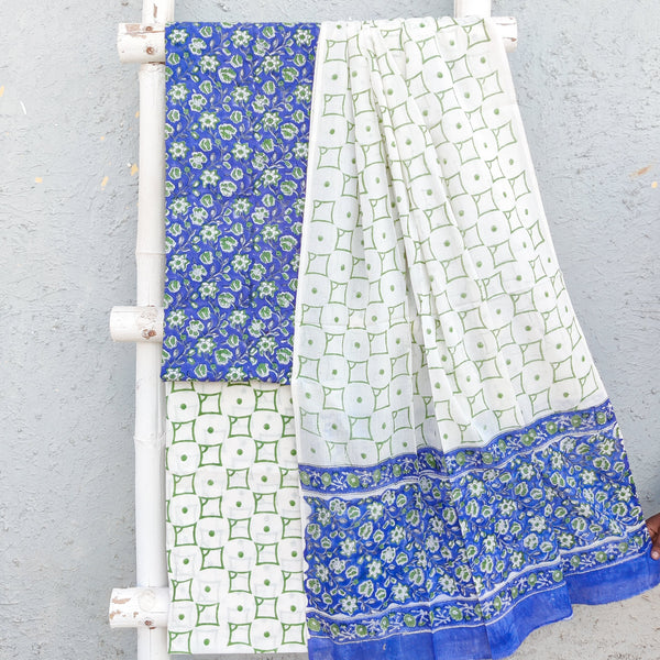 ROZANA-Pure Cotton Dark Blue With Green Flower Jaal Top White With Green   Bottom And   Cotton Dupatta