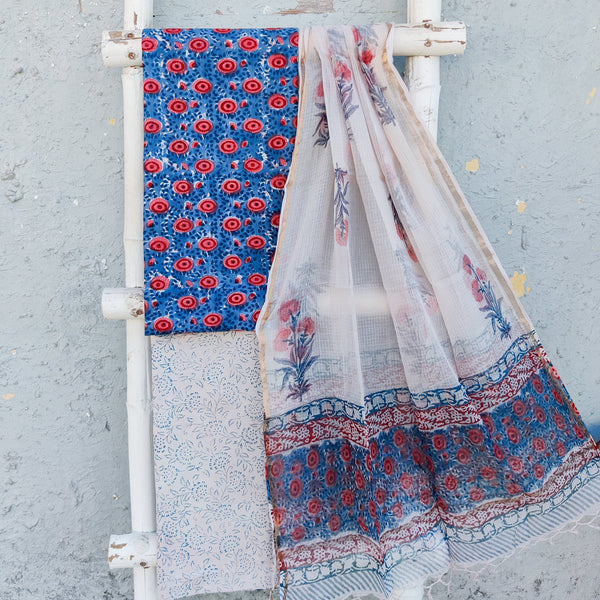 ROZANA-Pure Cotton Dark Blue With Red Flower Jaal Top With White And Blue Bottom And Kota Dupatta