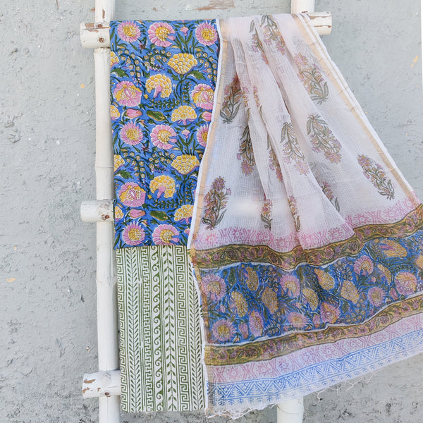 ROZANA-Pure Cotton Dark Blue With Yellow And Pink Wild Flower Jaal Top And White With Green Bottom And Kota Dupatta