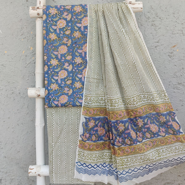 ROZANA-Pure Cotton Dark Blue With Yellow And Wild Flower Jaal Top And White And Green Bottom And Cotton Dupatta