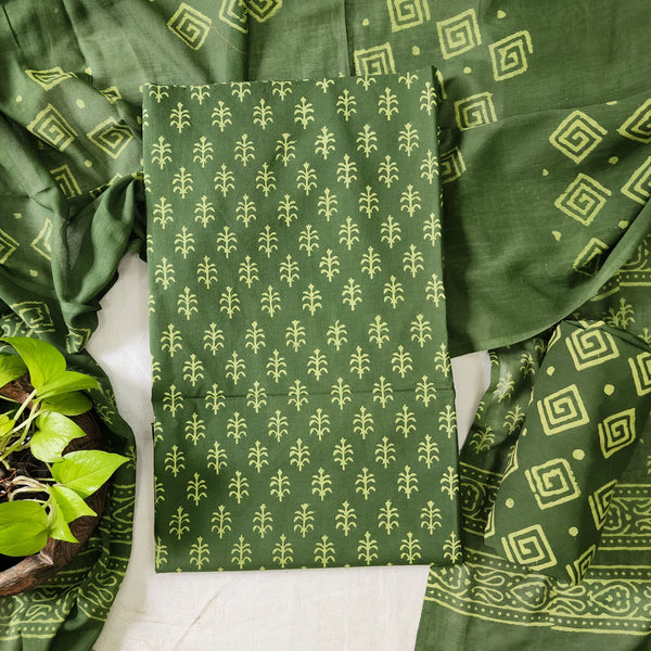 ROZANA-Pure Cotton Dark Green Flower Motif Top And Pure Cotton Bottom Dark Green And Cotton Dupatta Suit