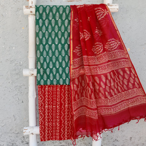 ROZANA-Pure Cotton Dark Green With White Feather Motifs  Top And Red With Cream Bottom And Kota Dupatta