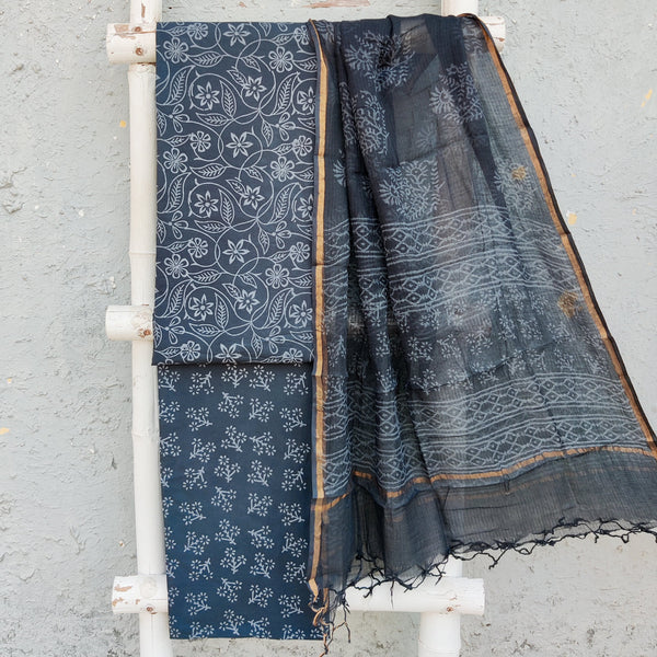 ROZANA-Pure Cotton Dark Grey With Intricate Design Top And Drak Grey Bottom And Kota Dupatta