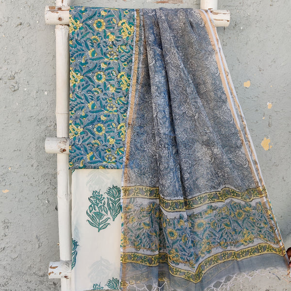 ROZANA-Pure Cotton Dark Grey With Teal Green And Yellow Flower Jaal Top And White With Teal Green Big Flower Motifs  Bottom And Kota Dupatta