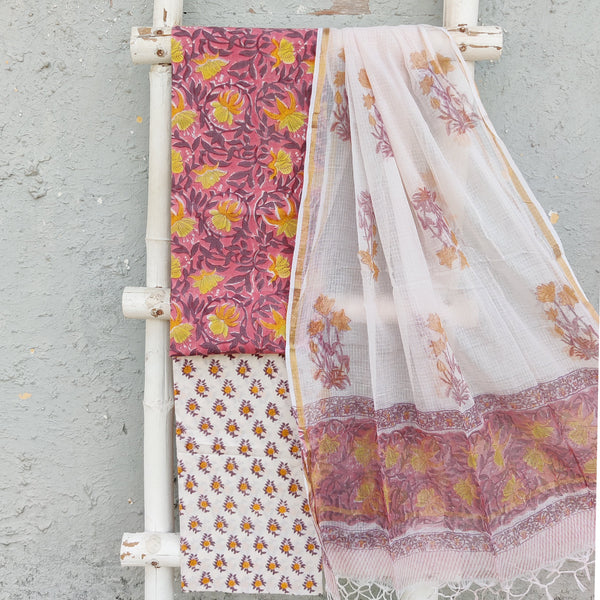 ROZANA-Pure Cotton Dark Peach With Dark Brown And Mustard Wild Flower Jaal Top And White With Mustard And Brown Flower Motif Bottom And Kota Dupatta