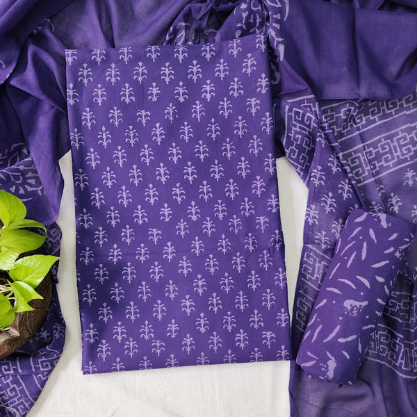 ROZANA-Pure Cotton Dark Purple Flower Motif Top And Pure Cotton Bottom Dark Purple And Cotton Dupatta Suit