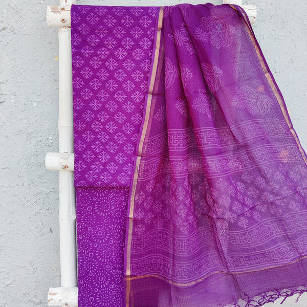 ROZANA-Pure Cotton Dark Purple With Self Intricate Flower Design Top And Dark Purple Bottom And Kota Dupatta