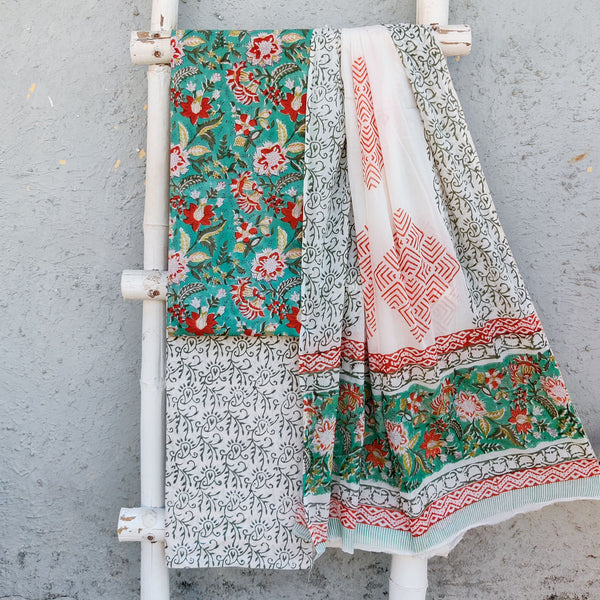 ROZANA-Pure Cotton Green With Orange Wild Flowers Jaal Top  White With Green Bottom And Cotton Dupatta