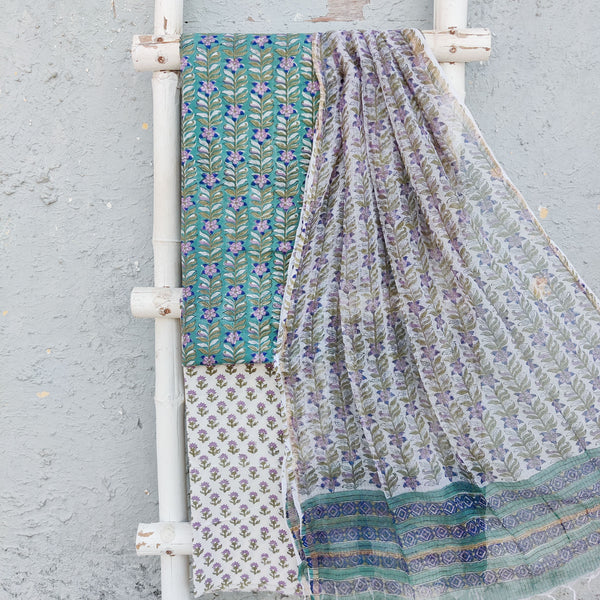 ROZANA-Pure Cotton Green With Purple And Blue Flower Creeper And White With Purple Tiny Flower Motifs Bottom And Kota Dupatta