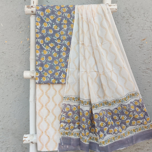 ROZANA-Pure Cotton Grey With Yellow Flower Motifs Top And White And Yellow  Bottom And Cotton Dupatta