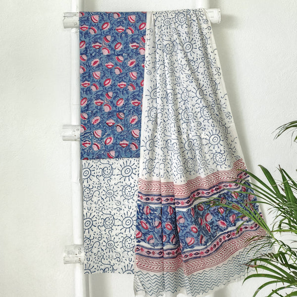 ROZANA-Pure Cotton Jaipuri Blue With Red Flower Jaal Top And White With Blue Bottom And Cotton Dupatta