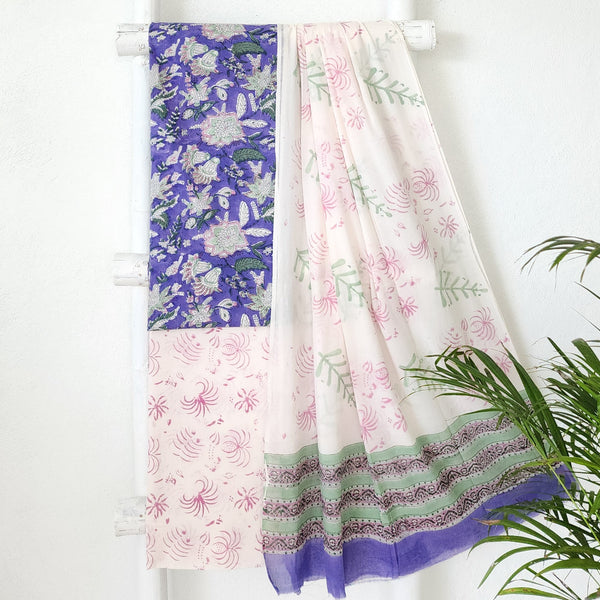 ROZANA-Pure Cotton Jaipuri Blue With White Wild Flower Jaal Top And White And Pink Bottom And Cotton Dupatta