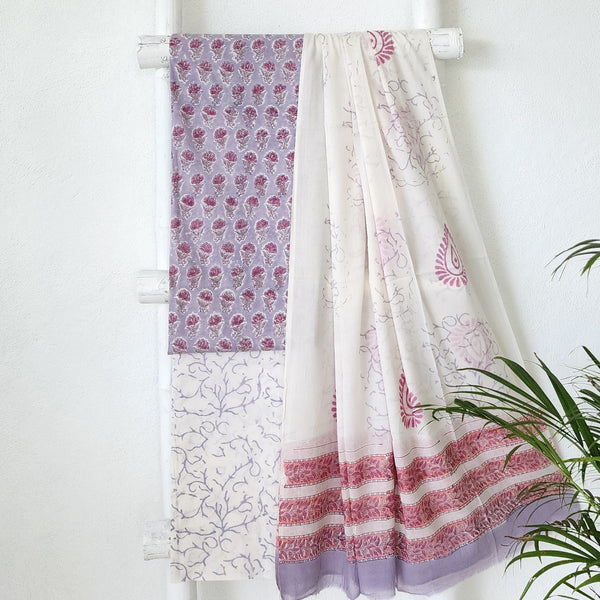 ROZANA-Pure Cotton Jaipuri Light Purple With Pink Flower Motif  And White And Purple Bottom And Cotton Dupatta