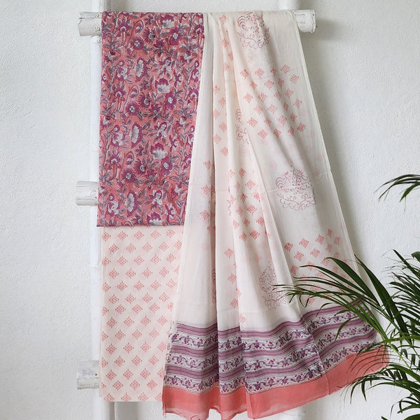 ROZANA-Pure Cotton Jaipuri Blue With White Wild Flower Jaal Top And White And Pink Bottom And Cotton Dupatta