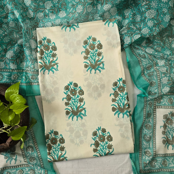 ROZANA-Pure Cotton Jaipuri Blue And Grey With White Big  Flower Motif Top  And Kota Dori Dupatta