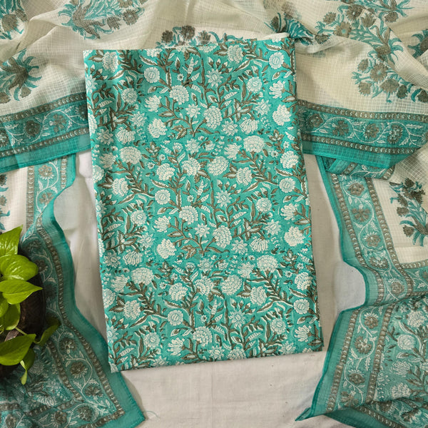 ROZANA-Pure Cotton Jaipuri Blue And Grey With White  Flower Jaal Top  And Kota Dori Dupatta