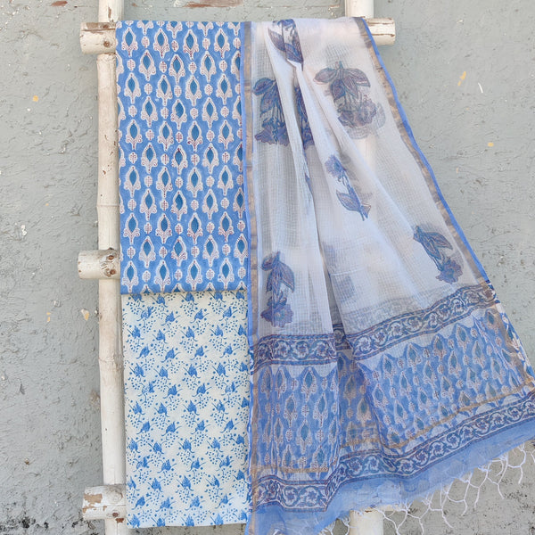 ROZANA-Pure Cotton Jaipuri Blue With Intricate Design Top And White And Blue Bottom And Kota Dupatta