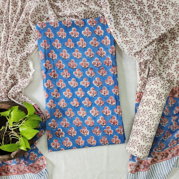 ROZANA-Pure Cotton Jaipuri Blue With Peach Flower Motif Top And Pure Cotton Bottom White And Grey And Cotton Dupatta Suit