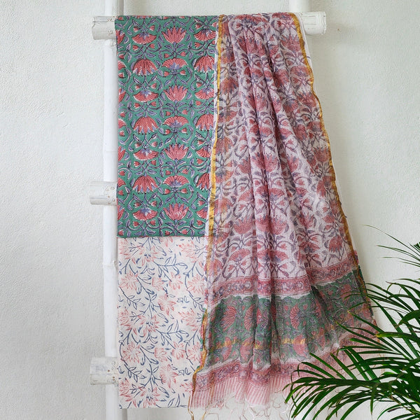 ROZANA-Pure Cotton Jaipuri Blue With Peach Lotus Creeper Top And White With Grey And Pink Flower Bottom And Kota Dori Dupatta