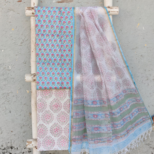 ROZANA-Pure Cotton Jaipuri Blue With Pink Flower Top And White And Pink Intricate Design Flower Bottom And Kota Dupatta