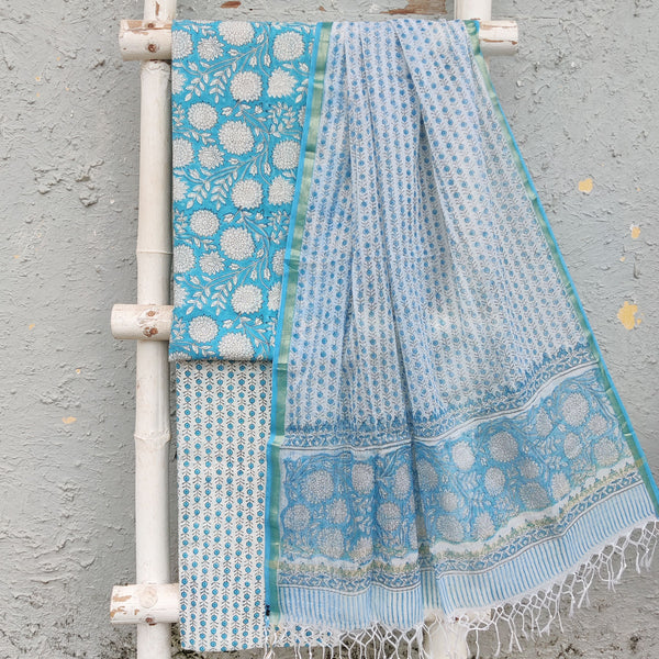 ROZANA-Pure Cotton Jaipuri Blue With White Flower Jaal Top And White And Blue Bottom And Kota Dupatta