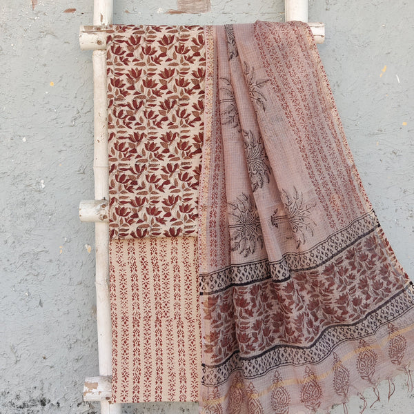 ROZANA-Pure Cotton Jaipuri Cream With Brown Flower Top And Cream And  Flower Creeper  Bottom And Kota Dupatta