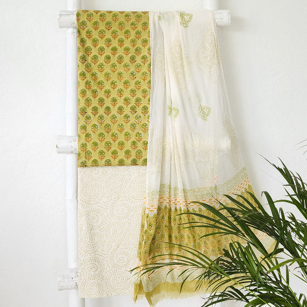 ROZANA-Pure Cotton Jaipuri Green Flower Motif Top And White And Green Bottom Chiffon Dupatta