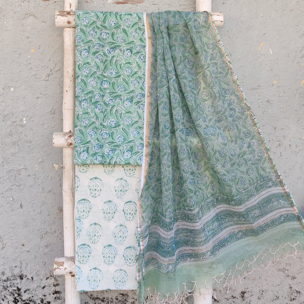 ROZANA-Pure Cotton Jaipuri Green Flower Top And White And Light Green  Flower Bottom And Kota Dupatta