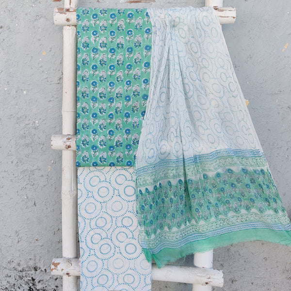 ROZANA - Pure Cotton Jaipuri  Green With Blue Flower Motif Top And White With Blue Bottom And Chiffion  Dupatta Unstitched Suit Set