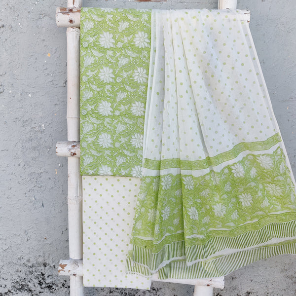 ROZANA - Pure Cotton Jaipuri Green With White  Flower Jaal Top And White With Green Palka Dots Bottom And Cotton Dupatta Unstitched Suit Set