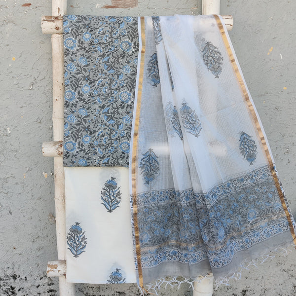 ROZANA-Pure Cotton Jaipuri  Grey With Blue Flower Jaal Top And White And Big Motif Flower Bottom And Kota Dupatta