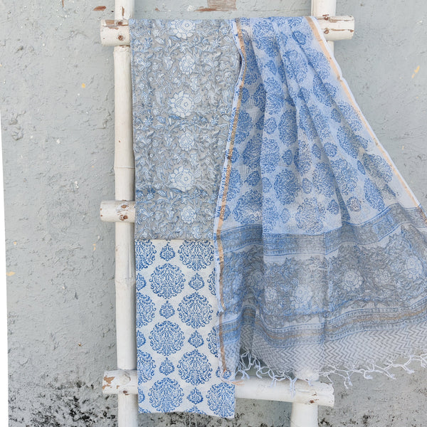 ROZANA - Pure Cotton Jaipuri Grey With Blue Flower Jaal Top And White With Blue Bottom And Kota Dupatta Unstitched Suit