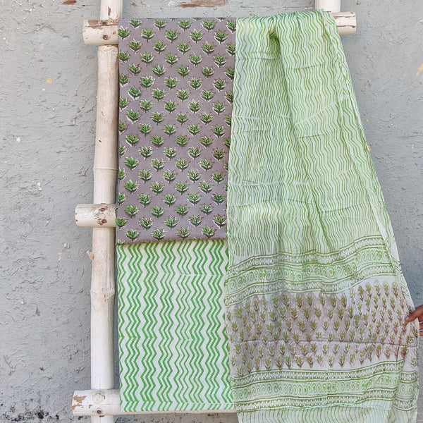 ROZANA-Pure Cotton Jaipuri Intricate Design Grey With Green Top And Green With Stripes Cotton Bottom And Chiffion Dupatta