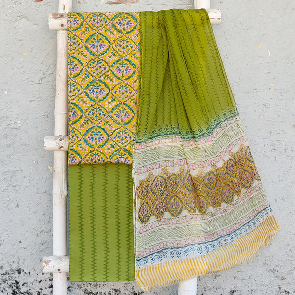 ROZANA-Pure Cotton Jaipuri Intricate Design Yellow With Green  Top And Green With Stripes Cotton Bottom And Chiffon  Dupatta