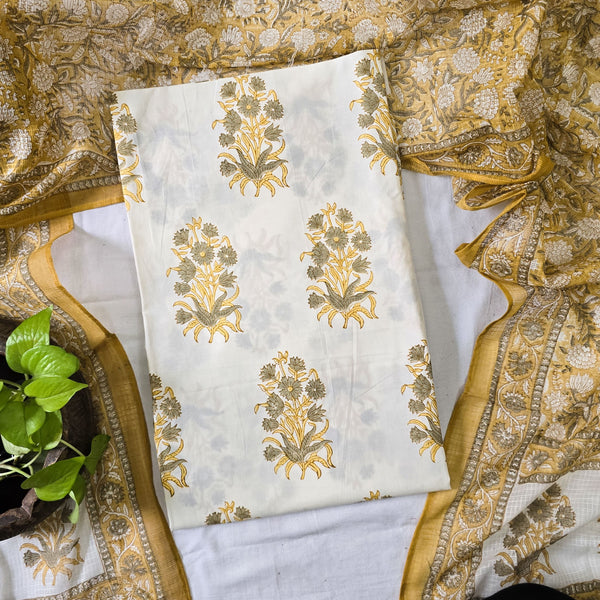 ROZANA-Pure Cotton Jaipuri Mustrad And Grey With White Big Flower Motif Top  And Kota Dori Dupatta