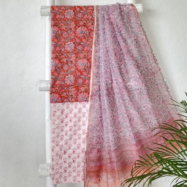 ROZANA-Pure Cotton Jaipuri Orange With Flower Jaal Top And White With Pink Bottom And Kota Dori Dupatta