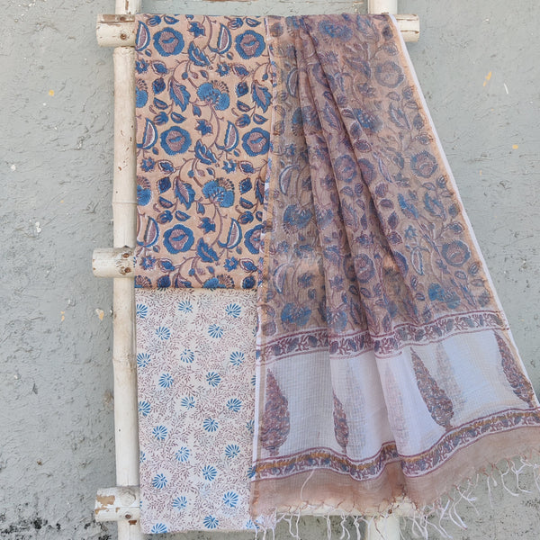 ROZANA-Pure Cotton Jaipuri Peach With Blue Flower Jaal Top And White And Red With Blue Flower Jaal Bottom And Kota Dupatta