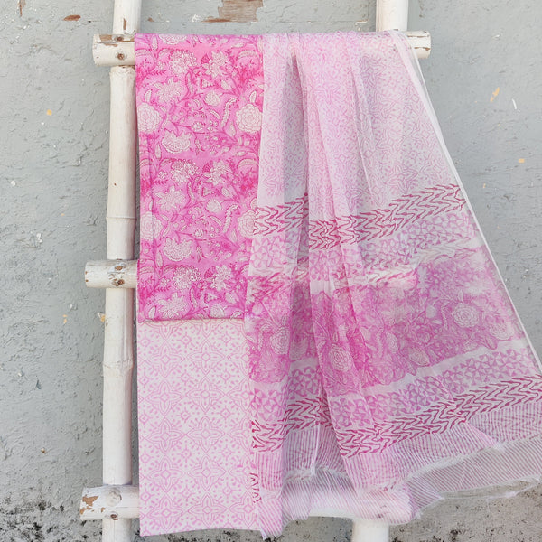 ROZANA - Pure Cotton Jaipuri Pink With White  Flower Jaal Top And White With Pink  Bottom And Chiffion Dupatta Unstitched Suit