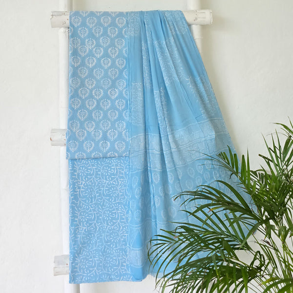 ROZANA-Pure Cotton Jaipuri Powder Blue With White Flower Design Top Powder Blue Bottom And Chiffon Dupatta