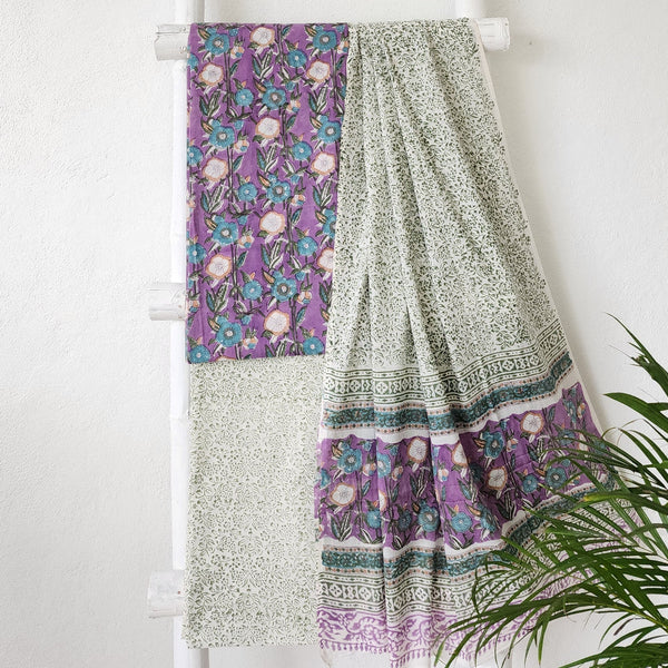 ROZANA-Pure Cotton Jaipuri Purple Flower Creeper Jaal Top And White And Green Bottom And Cotton