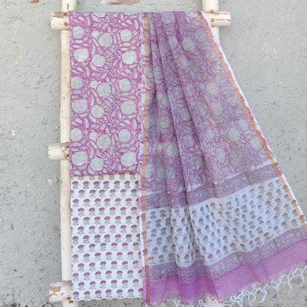 ROZANA-Pure Cotton Jaipuri Purple With White Flower Top And White With Purple Flower Motif Bottom And Kota Dupatta