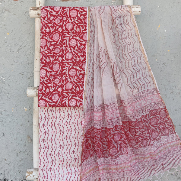 ROZANA-Pure Cotton Jaipuri Red With Pink Fruit Jaal Top And White And Red Creeper Bottom And Kota Dupatta