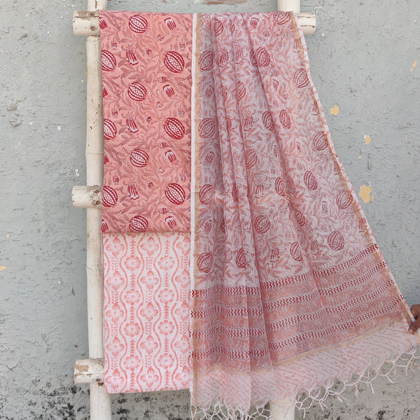 ROZANA-Pure Cotton Jaipuri Top Peach And White And Peach Bottom And Kota Dupatta Suit