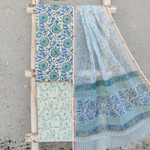 ROZANA-Pure Cotton Jaipuri White And Blue Big Flower Top And White And Blue Bottom And Kota Dupatta