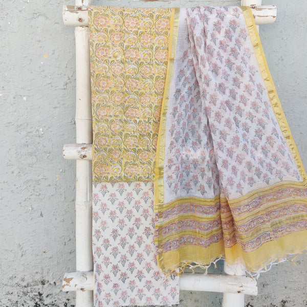 ROZANA - Pure Cotton Jaipuri Yellow With Peach  Flower Jaal Top And White With Peach Bottom And Kota Dupatta Unstitched Suit Set