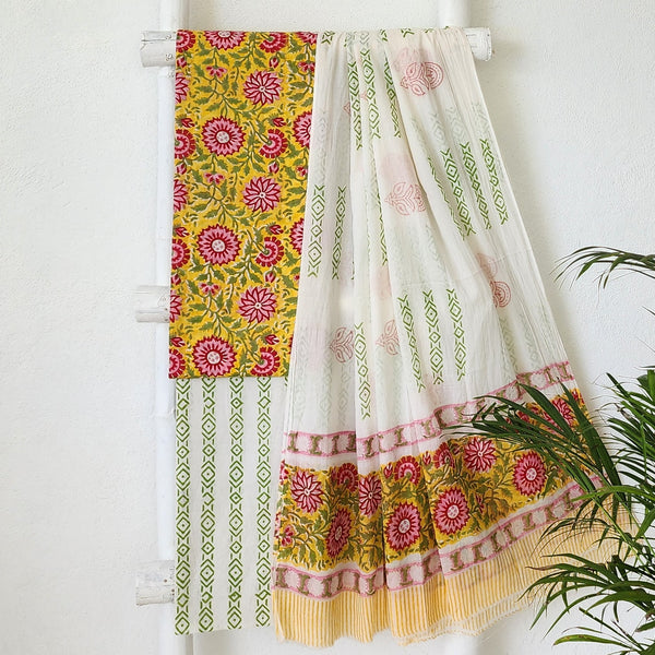 ROZANA-Pure Cotton Jaipuri Yellow With Red Big Flower Jaal Top And White And Green Border Bottom And Cotton Dupatta