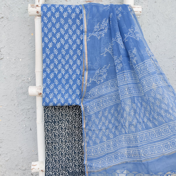 ROZANA-Pure Cotton Light Blue With Grass Motifs All Over Top And Grey With Cream Design Bottom And Kota Dupatta