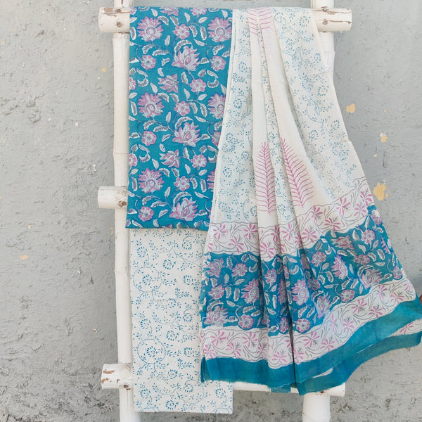 ROZANA-Pure Cotton Light Blue With Pink  Wild Flower Jaal Top  With White Bottom And Cotton Dupatta