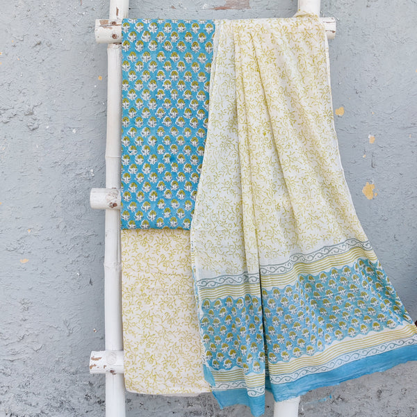 ROZANA-Pure Cotton Light Blue With Yellow Flower Motifs Top And White With Light Green Bottom And Cotton  Dupatta