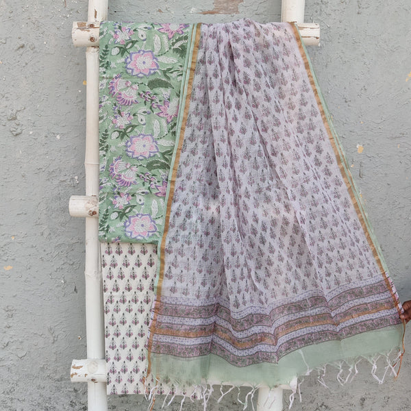 ROZANA-Pure Cotton Light Green With Light Pink And Purple Wild Flower Jaal Top And White With Pink Flower Motifs Bottom And Kota Dupatta